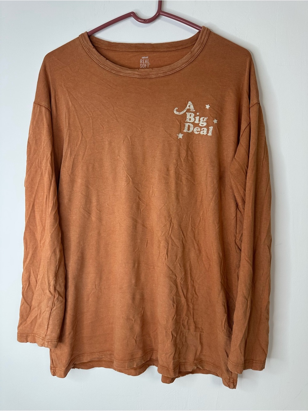 aerie Long-Sleeve Tee in Rust Brown with 'A Big Deal' Chest Graphic